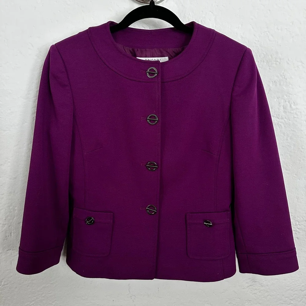 Tahari Arthur S Levine Petite Women's Purple Lined Blazer Jacket Suit Size 6P‎